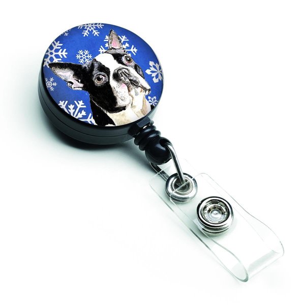 Carolines Treasures Boston Terrier Winter Snowflakes Holiday Retractable Badge Reel SC9360BR